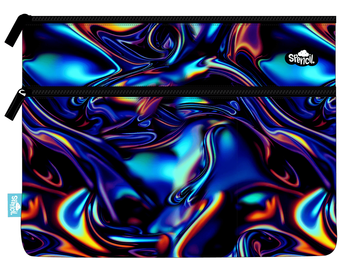 Front of the Spencil Metallic Waves A4 twin zip pencil case showing swirling liquid-chrome waves in iridescent blue, purple and orange on black, with black zips