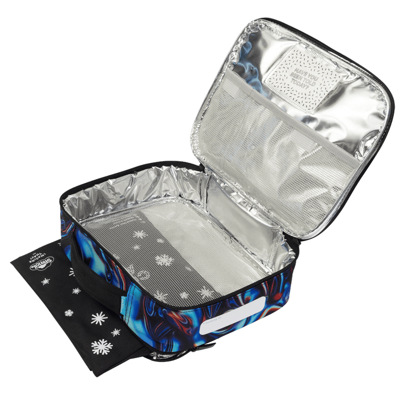 Spencil Metallic Waves Big Cooler Lunch Bag unzipped to show the silver insulated lining, with the Big Chill Pack in its black snowflake cover at the base