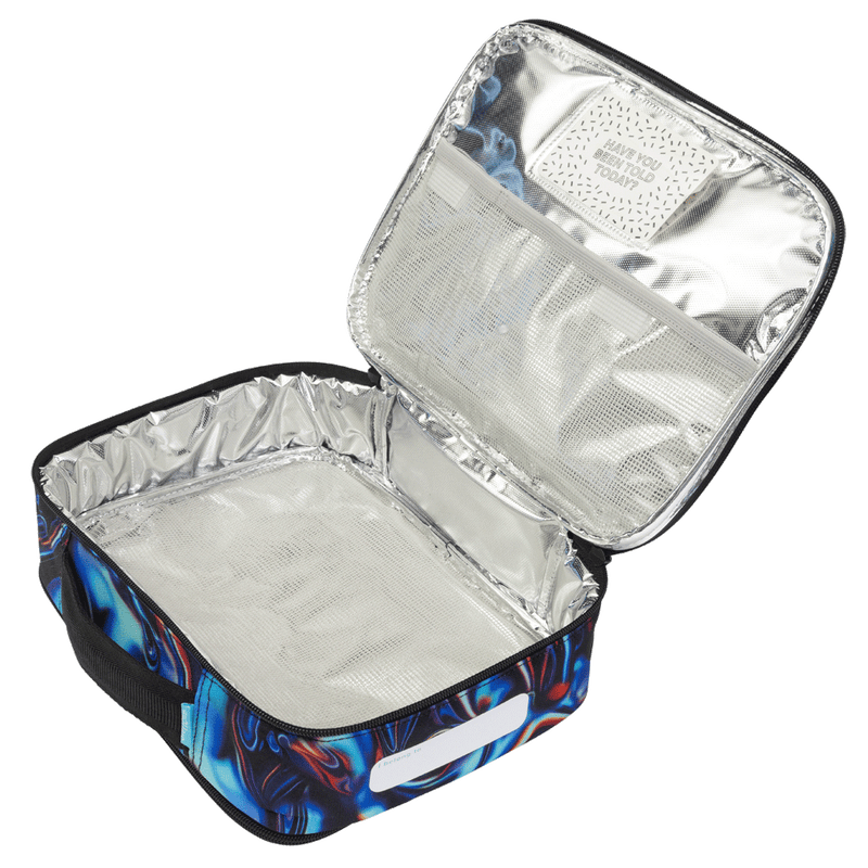 Spencil Metallic Waves Big Cooler Lunch Bag opened flat to show the silver insulated lining and the mesh pocket inside the lid