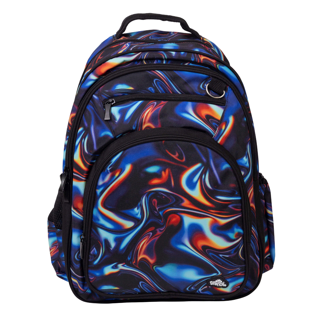 Spencil Metallic Waves Big Kids Backpack, front, swirling blue, orange and red metallic-look print on black