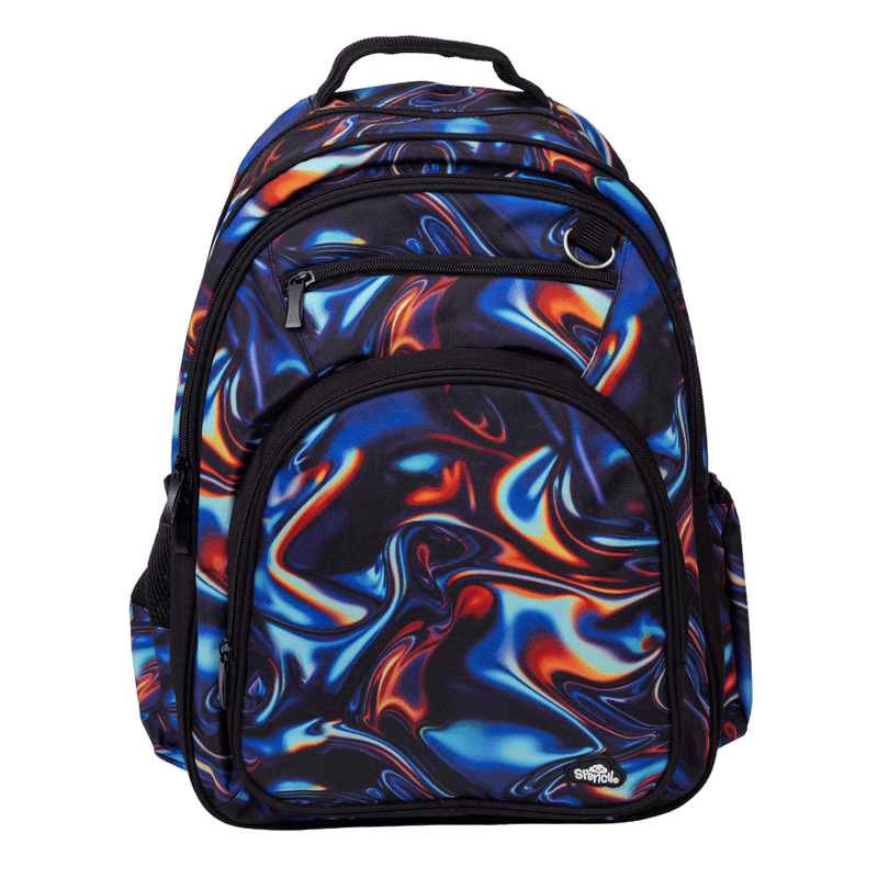 Spencil Metallic Waves Big Kids Backpack, front, swirling blue, orange and red metallic-look print on black