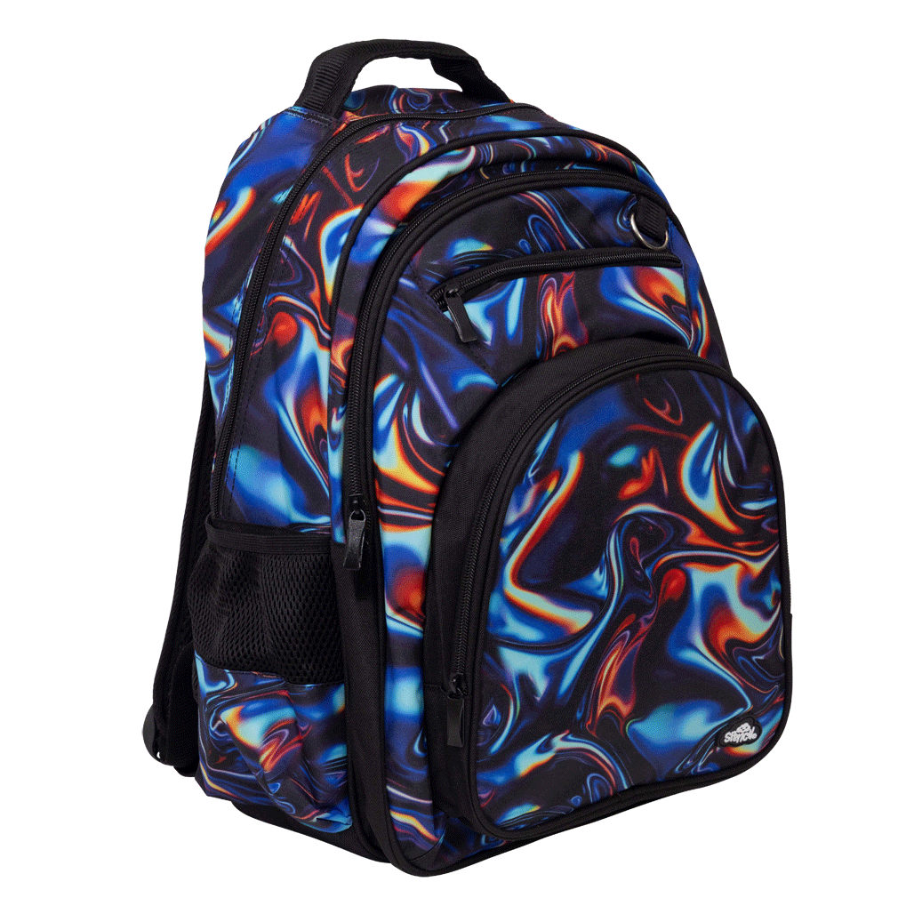 Spencil Metallic Waves Big Kids Backpack, three-quarter view, swirling blue, orange and red metallic-look print on black