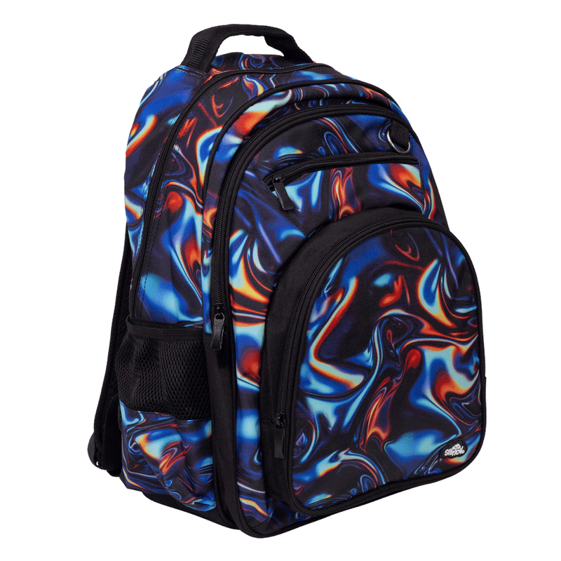 Spencil Metallic Waves Big Kids Backpack, three-quarter view, swirling blue, orange and red metallic-look print on black