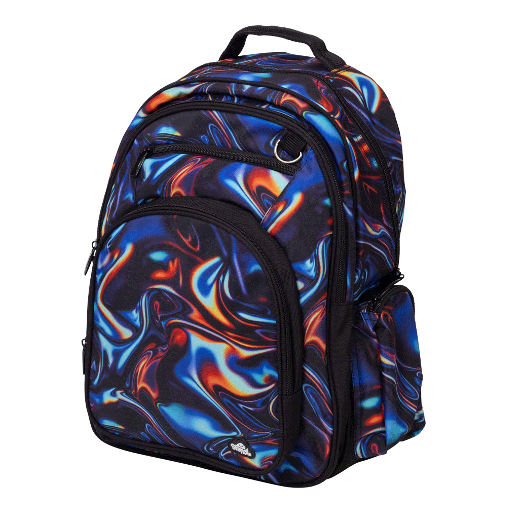 Spencil Metallic Waves Big Kids Backpack, three-quarter side view, swirling blue, orange and red metallic-look print on black