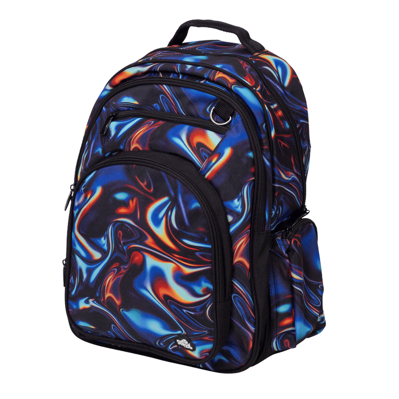 Spencil Metallic Waves Big Kids Backpack, three-quarter side view, swirling blue, orange and red metallic-look print on black