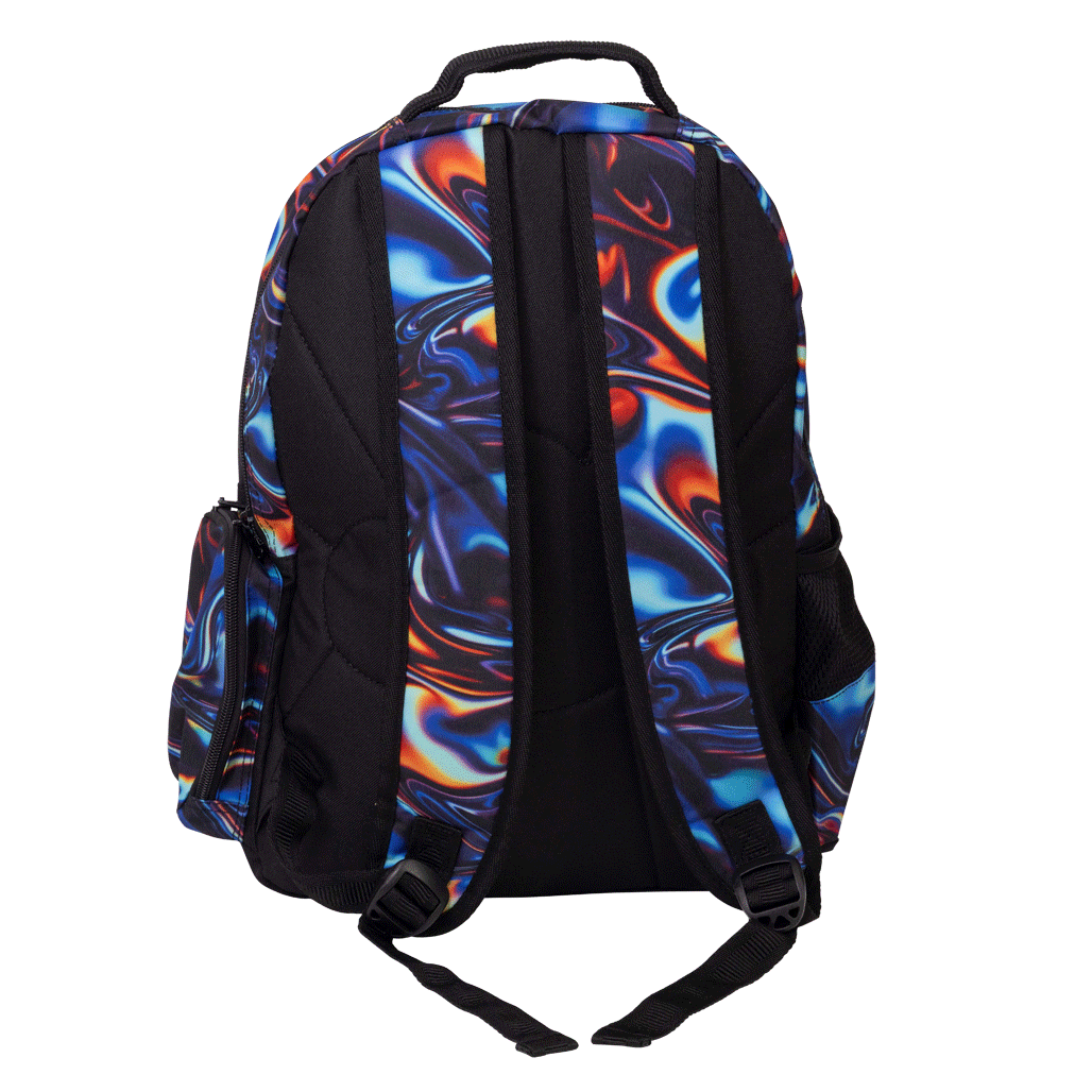 Spencil Metallic Waves Big Kids Backpack, back view with padded straps, swirling blue, orange and red metallic-look print on black