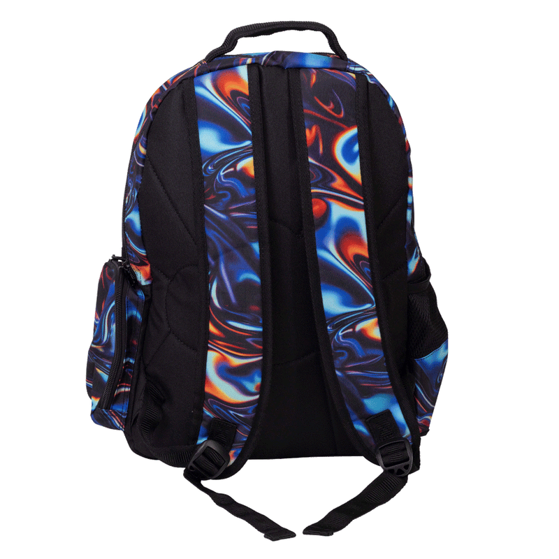 Spencil Metallic Waves Big Kids Backpack, back view with padded straps, swirling blue, orange and red metallic-look print on black