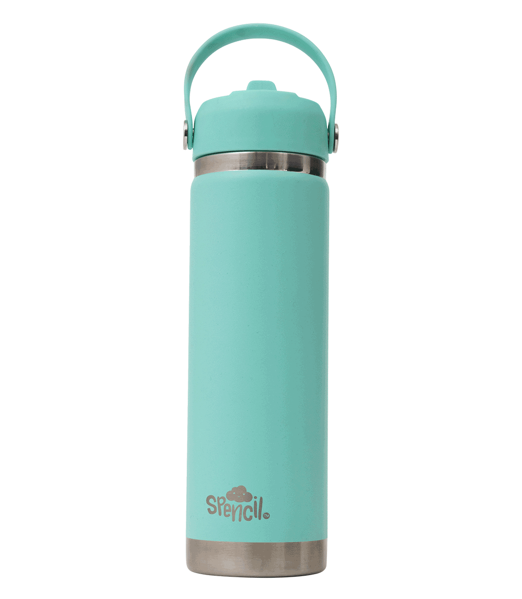 Spencil Mint Big Insulated Water Bottle 650ml, front view with the carry handle raised and lid closed, aqua mint powder coat with steel bands