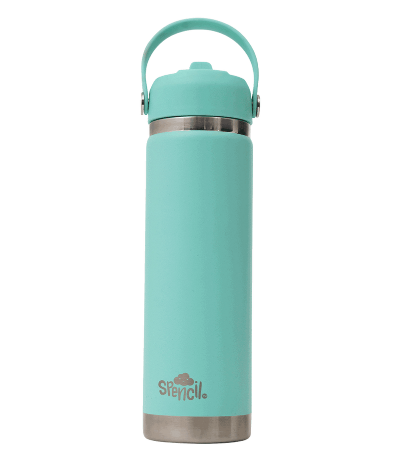 Spencil Mint Big Insulated Water Bottle 650ml, front view with the carry handle raised and lid closed, aqua mint powder coat with steel bands