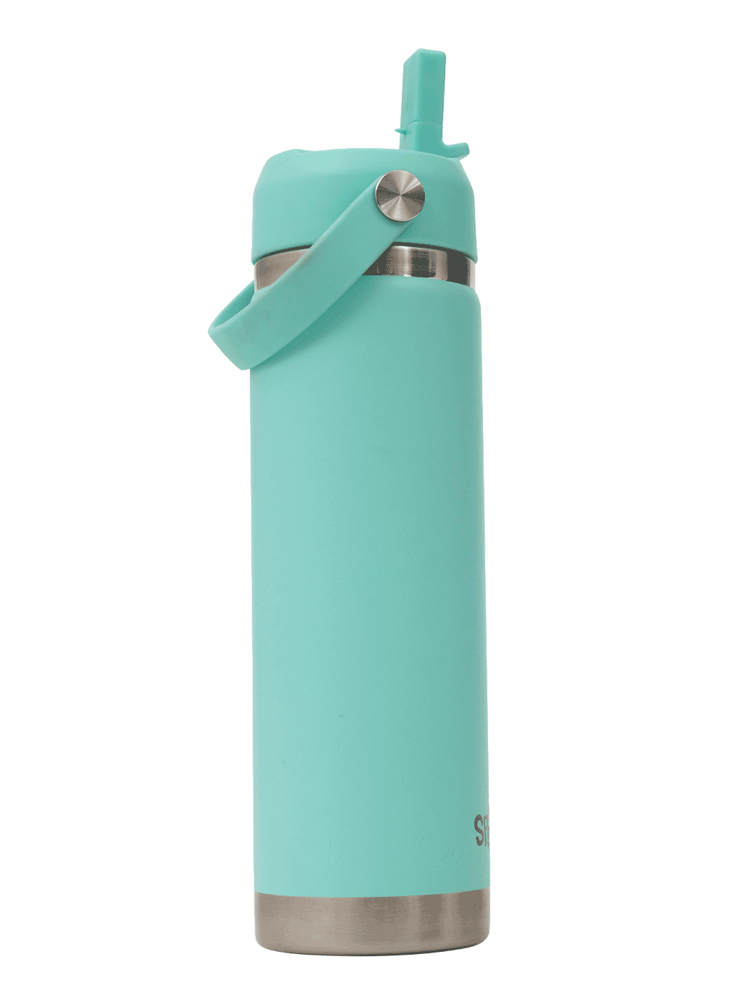 Spencil Mint Big Insulated Water Bottle 650ml, side view with the spout flipped up, aqua mint powder coat with steel bands