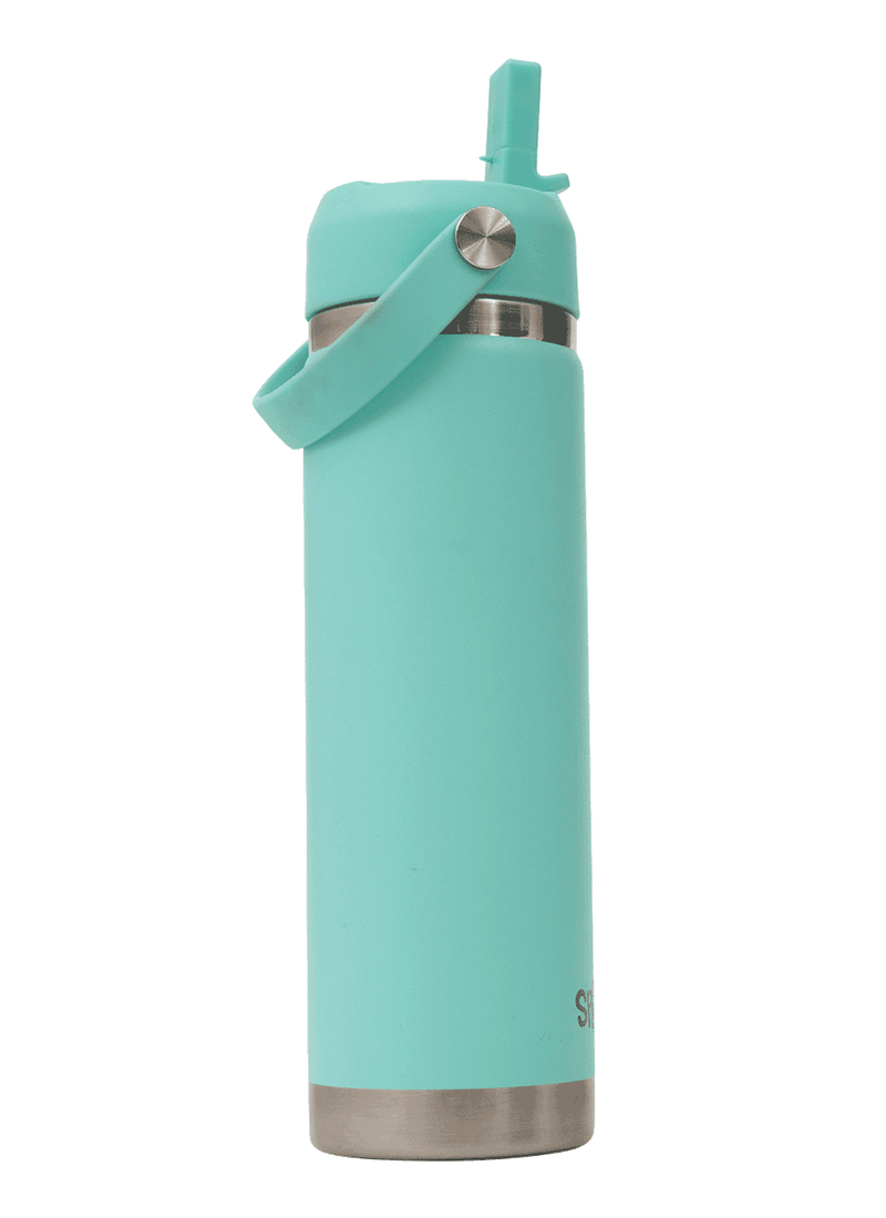 Spencil Mint Big Insulated Water Bottle 650ml, side view with the spout flipped up, aqua mint powder coat with steel bands