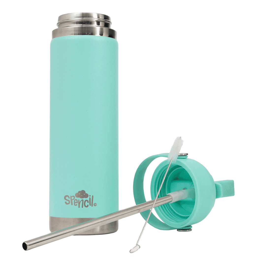 Spencil Mint Big Insulated Water Bottle 650ml, with the lid off, removable stainless steel straw and cleaning brush laid beside it, aqua mint powder coat with steel bands