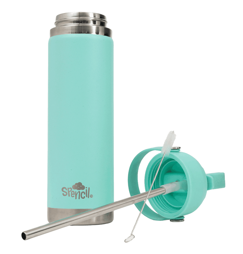 Spencil Mint Big Insulated Water Bottle 650ml, with the lid off, removable stainless steel straw and cleaning brush laid beside it, aqua mint powder coat with steel bands