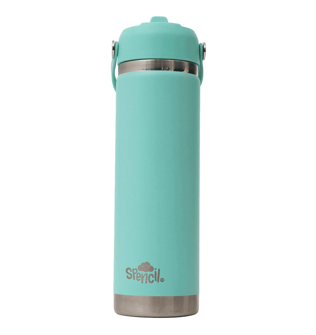 Spencil Mint Big Insulated Water Bottle 650ml, front view with the handle folded down, aqua mint powder coat with steel bands