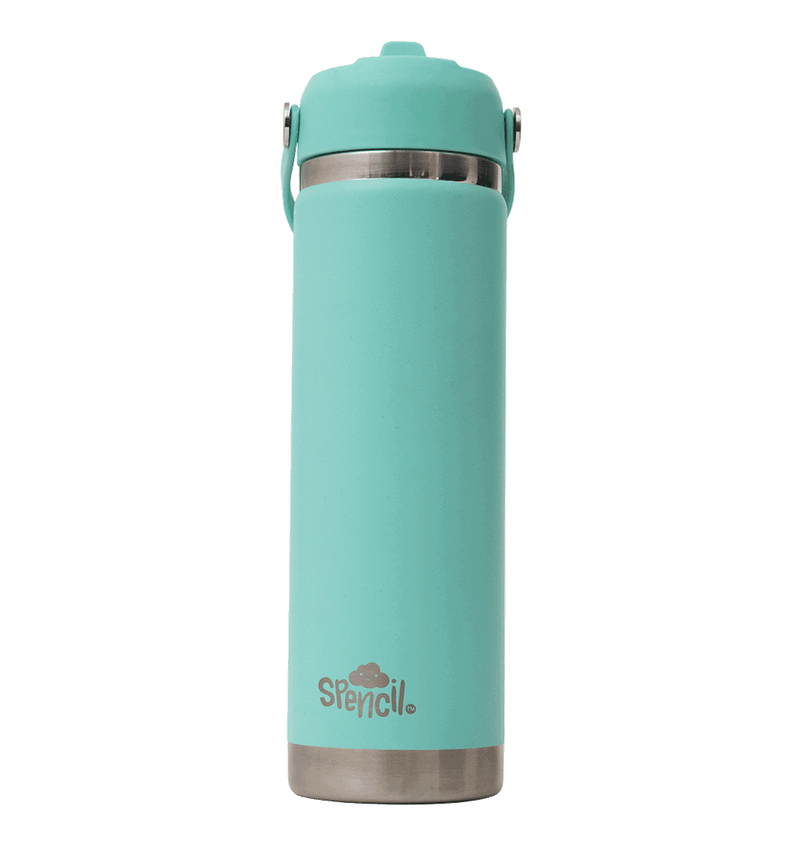 Spencil Mint Big Insulated Water Bottle 650ml, front view with the handle folded down, aqua mint powder coat with steel bands
