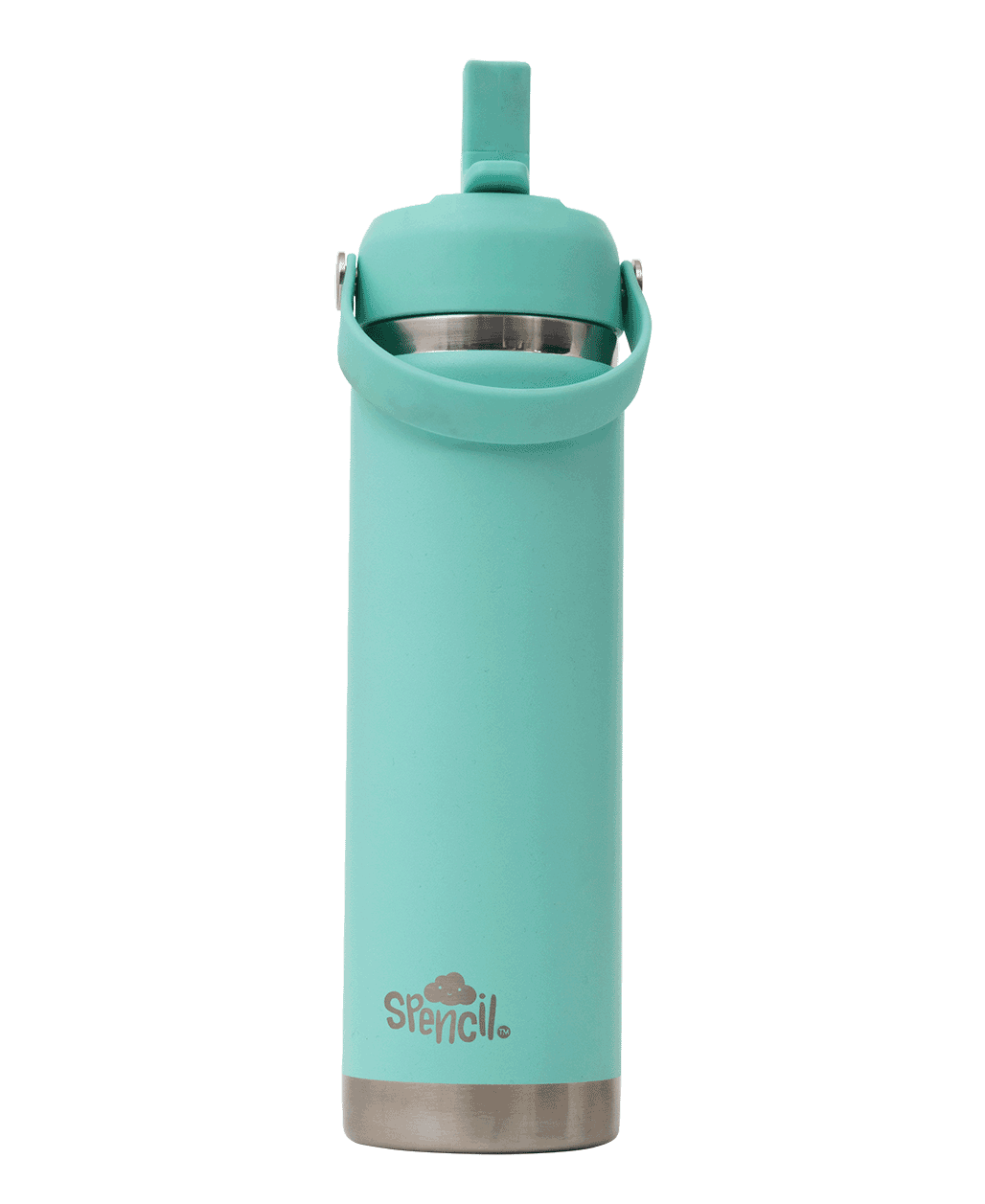 Spencil Mint Big Insulated Water Bottle 650ml, front view with the straw spout flipped up, aqua mint powder coat with steel bands