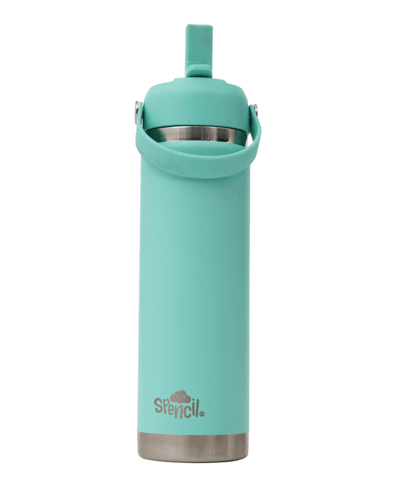 Spencil Mint Big Insulated Water Bottle 650ml, front view with the straw spout flipped up, aqua mint powder coat with steel bands