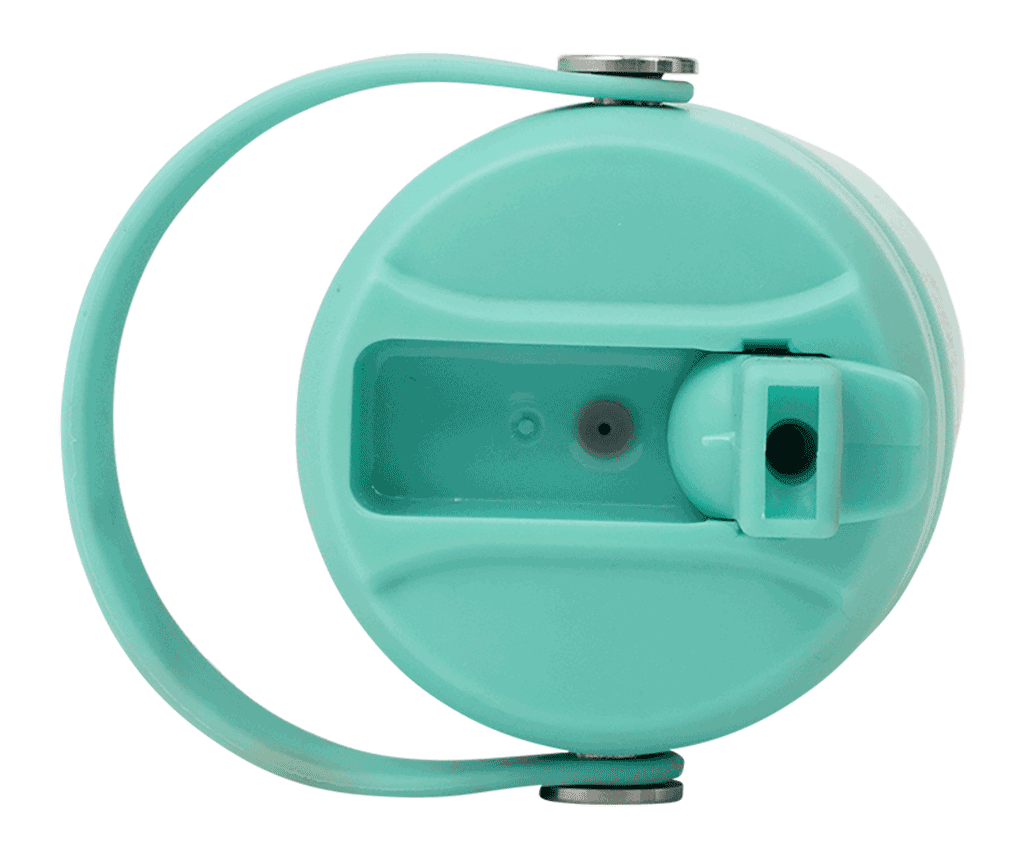 Spencil Mint Big Insulated Water Bottle 650ml, top view of the lid showing the spout and handle loop, aqua mint powder coat with steel bands