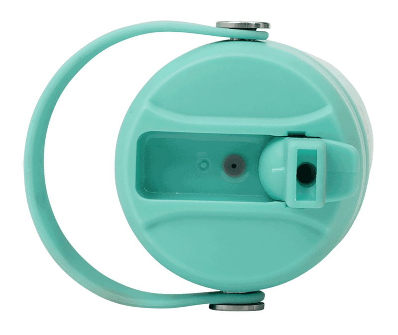 Spencil Mint Big Insulated Water Bottle 650ml, top view of the lid showing the spout and handle loop, aqua mint powder coat with steel bands