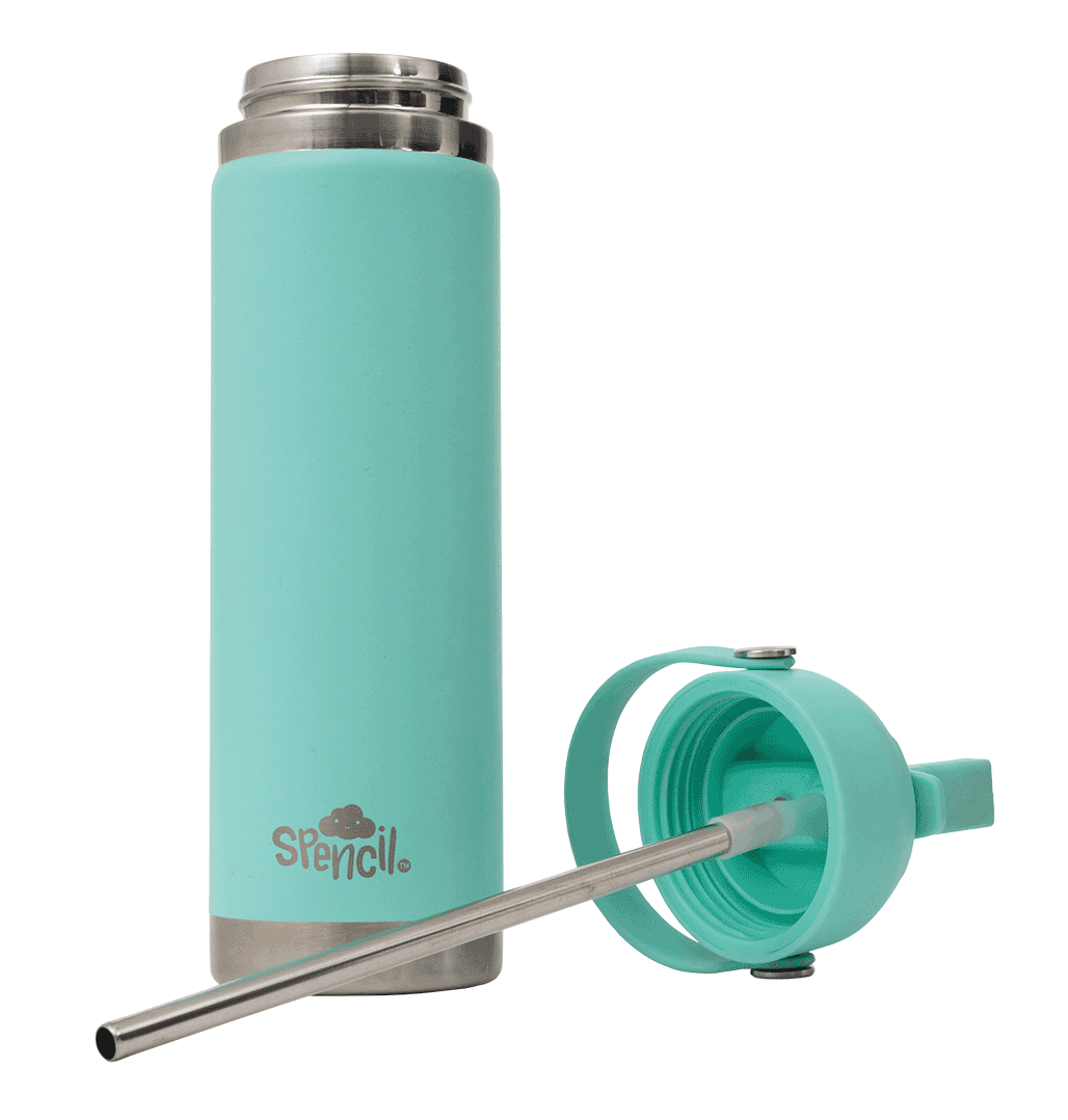 Spencil Mint Big Insulated Water Bottle 650ml, with the lid off and the stainless steel straw laid beside the open bottle, aqua mint powder coat with steel bands