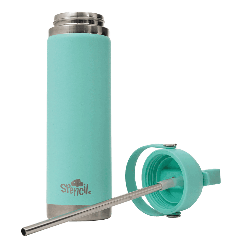 Spencil Mint Big Insulated Water Bottle 650ml, with the lid off and the stainless steel straw laid beside the open bottle, aqua mint powder coat with steel bands