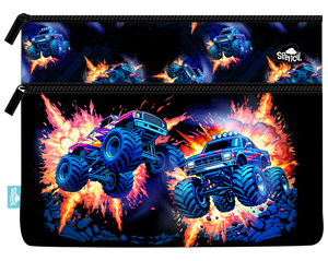 Front of the Spencil Monster Blaze A4 twin zip pencil case showing blue monster trucks bursting through orange flames and smoke on a black background, with black zips