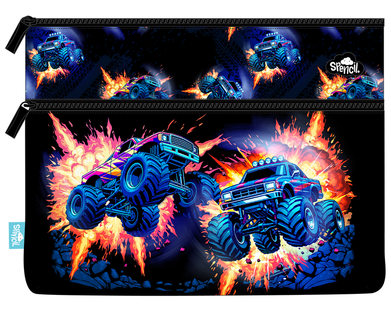 Front of the Spencil Monster Blaze A4 twin zip pencil case showing blue monster trucks bursting through orange flames and smoke on a black background, with black zips
