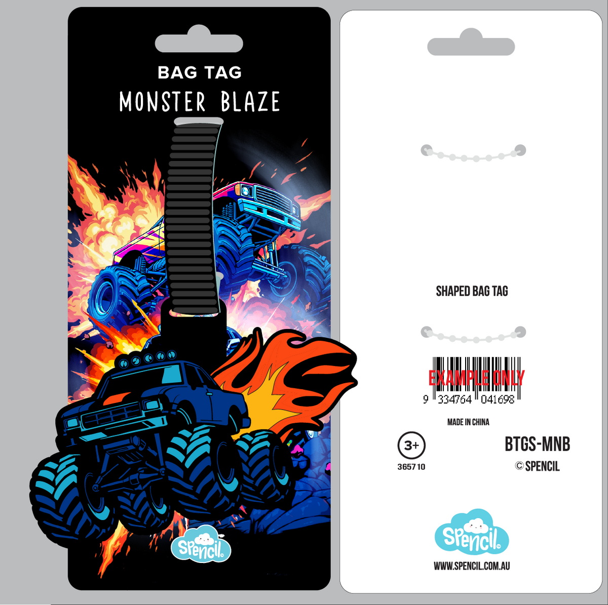Spencil Monster Blaze Bag Tag on its Spencil hang-sell card with Monster Blaze packaging artwork
