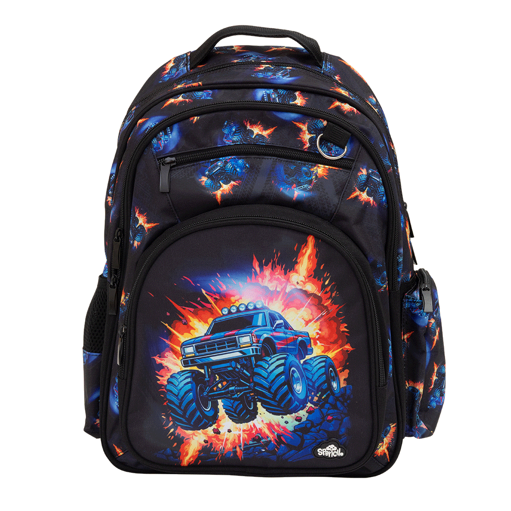 Spencil Monster Blaze Big Kids Backpack, front, blue monster truck bursting through orange flames on black