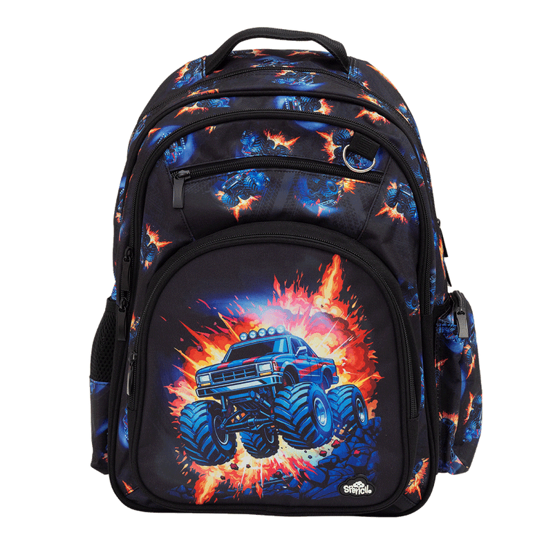 Spencil Monster Blaze Big Kids Backpack, front, blue monster truck bursting through orange flames on black