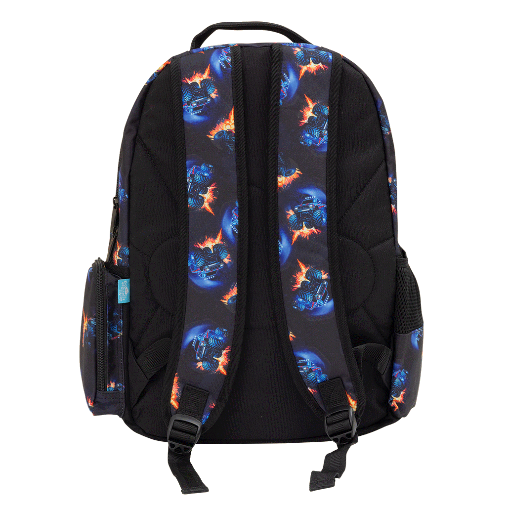 Spencil Monster Blaze Big Kids Backpack, back view with padded straps, blue monster truck bursting through orange flames on black