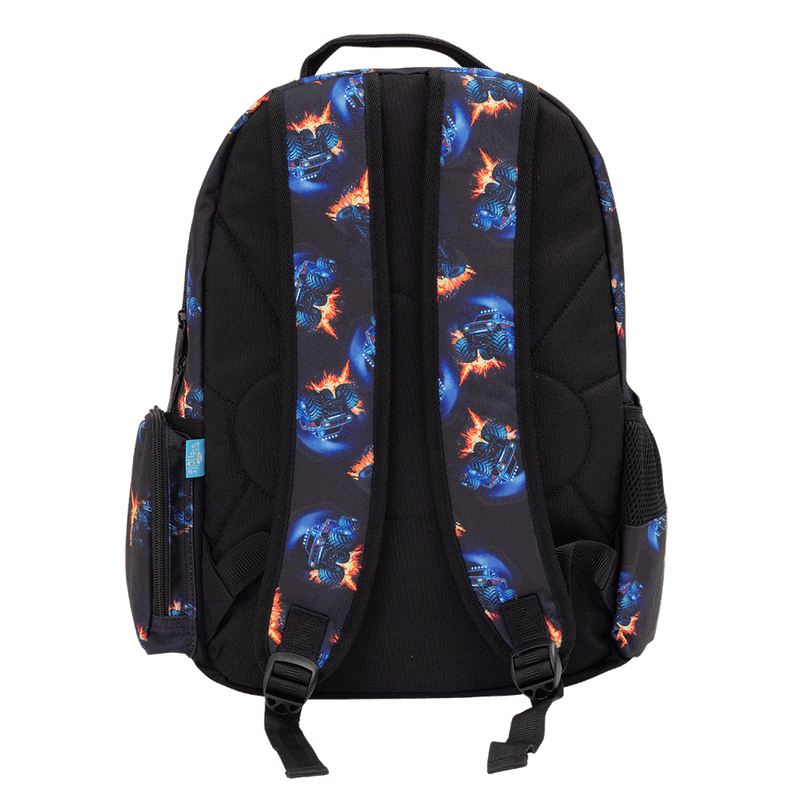 Spencil Monster Blaze Big Kids Backpack, back view with padded straps, blue monster truck bursting through orange flames on black