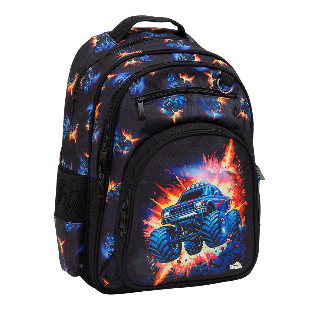 Spencil Monster Blaze Big Kids Backpack, three-quarter view, blue monster truck bursting through orange flames on black