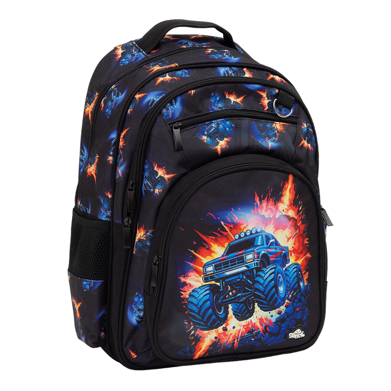 Spencil Monster Blaze Big Kids Backpack, three-quarter view, blue monster truck bursting through orange flames on black