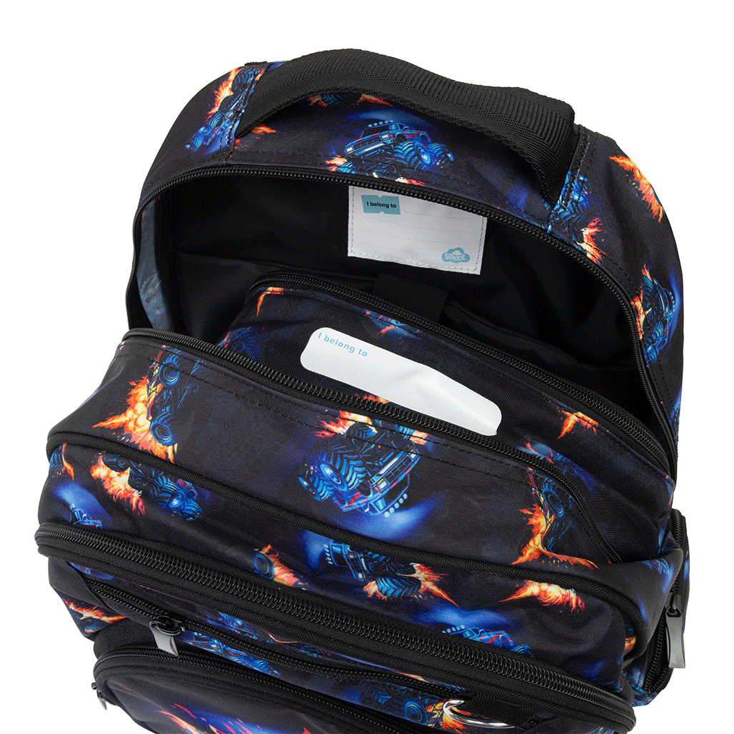 Spencil Monster Blaze Big Kids Backpack, open main compartment showing the padded device sleeve, blue monster truck bursting through orange flames on black