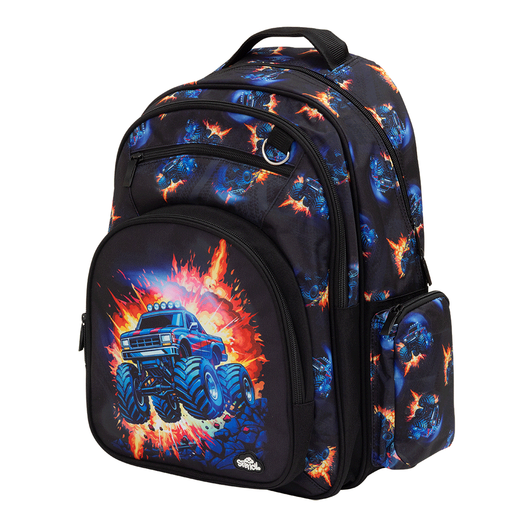Spencil Monster Blaze Big Kids Backpack, three-quarter side view, blue monster truck bursting through orange flames on black