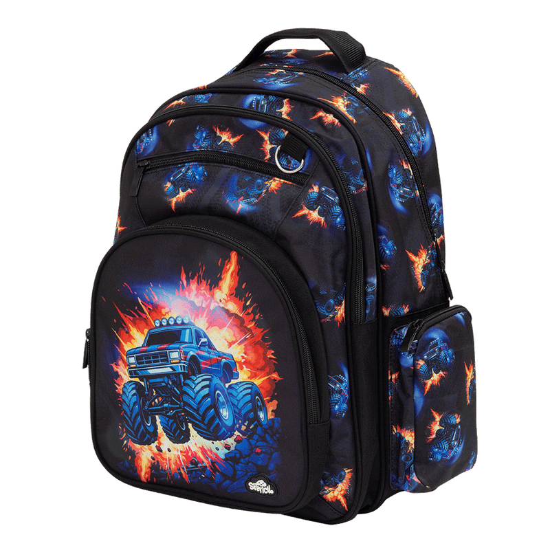 Spencil Monster Blaze Big Kids Backpack, three-quarter side view, blue monster truck bursting through orange flames on black