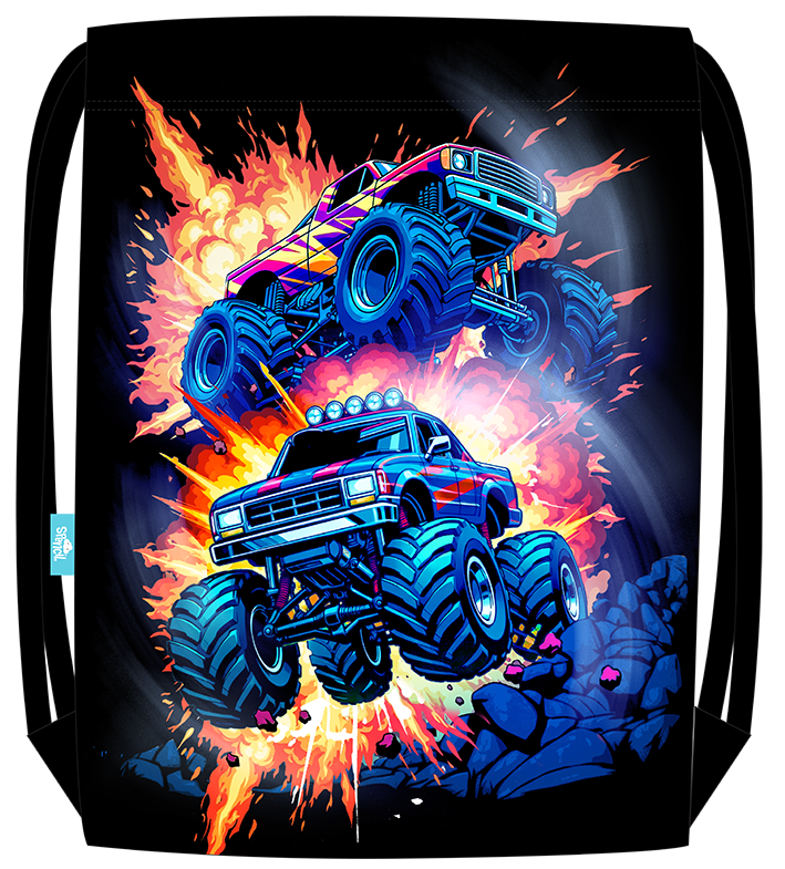 Spencil Monster Blaze Drawstring Bag front with blue monster trucks bursting through orange flames on black