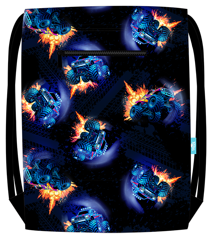 Spencil Monster Blaze Drawstring Bag back with repeated truck pattern and zip near the top