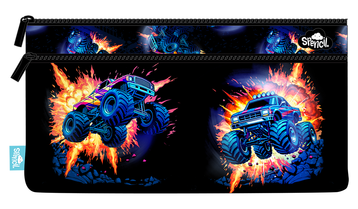 Front of the Spencil Monster Blaze twin zip pencil case showing blue monster trucks bursting through orange flames and smoke on a black background, with black zips
