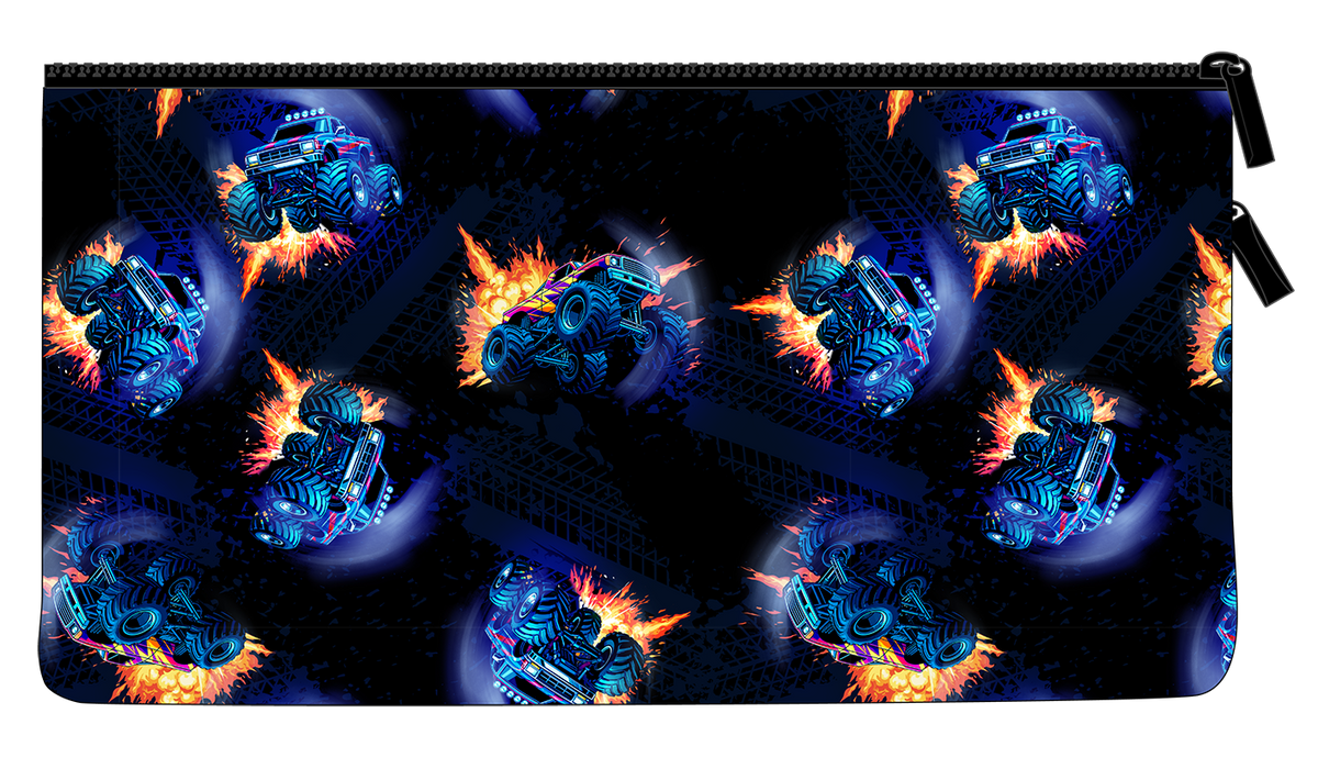 Back of the Spencil Monster Blaze twin zip pencil case showing small blue monster trucks and flame bursts repeated on black