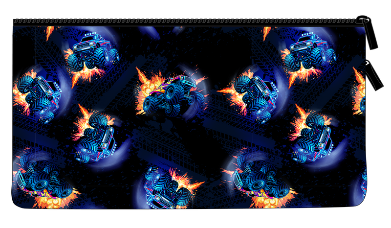Back of the Spencil Monster Blaze twin zip pencil case showing small blue monster trucks and flame bursts repeated on black