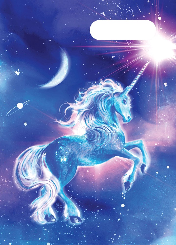 Spencil Moonlit Unicorn A4 Book Cover Pack of 6: front artwork, glowing white unicorn under a crescent moon in a starry purple sky, with white name and subject label cut-out