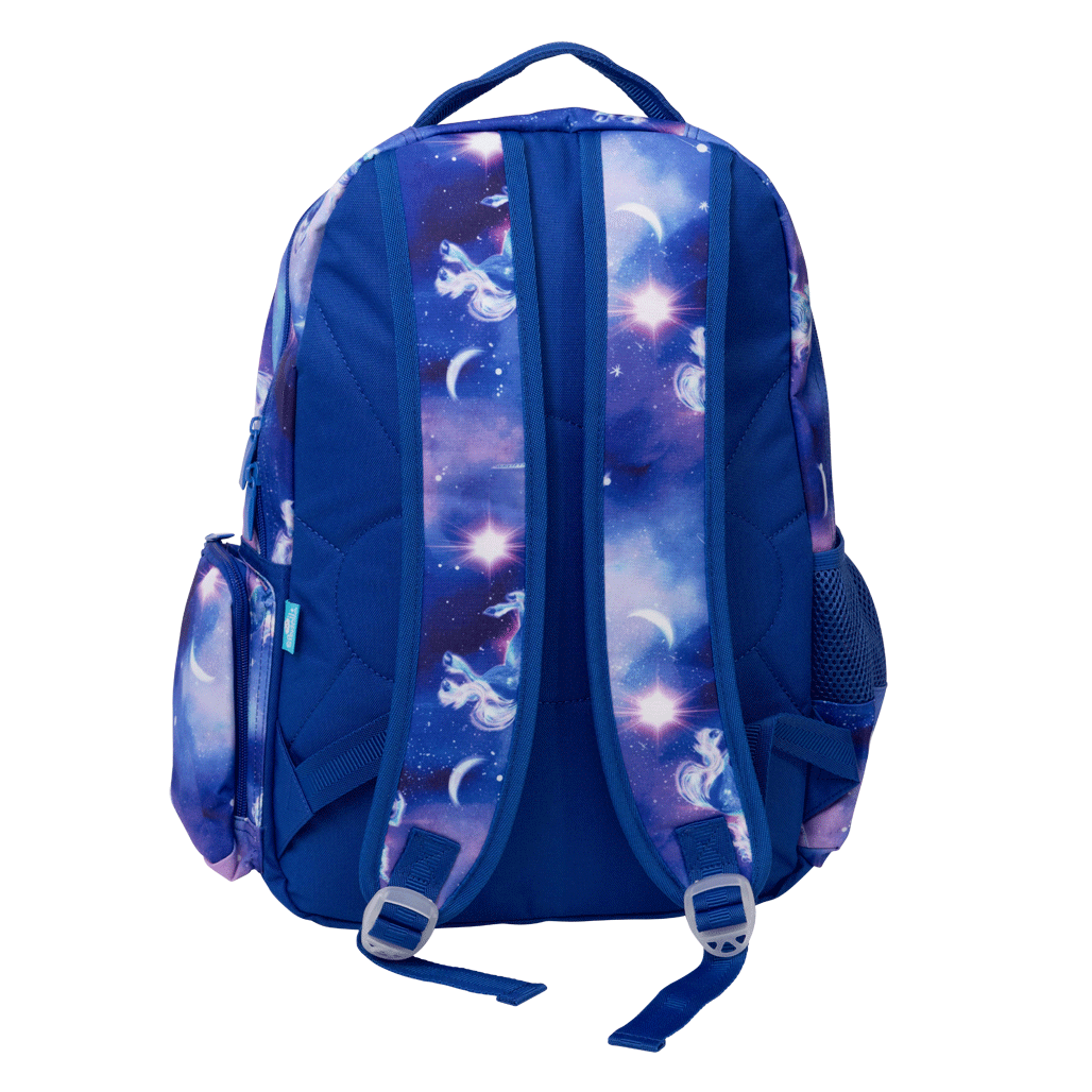 Spencil Moonlit Unicorn Big Kids Backpack, back view with padded straps, white unicorn under crescent moons on a violet night sky