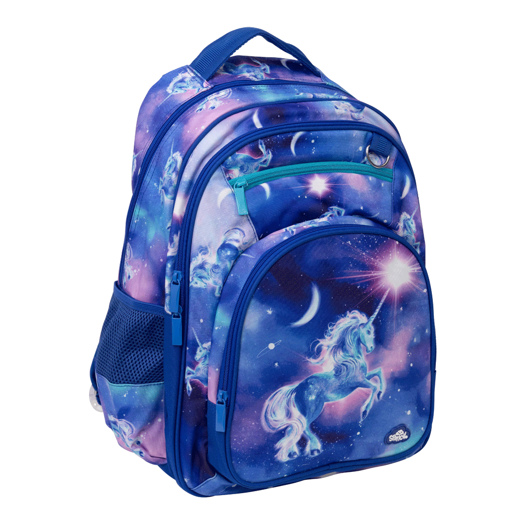 Spencil Moonlit Unicorn Big Kids Backpack, three-quarter side view, white unicorn under crescent moons on a violet night sky