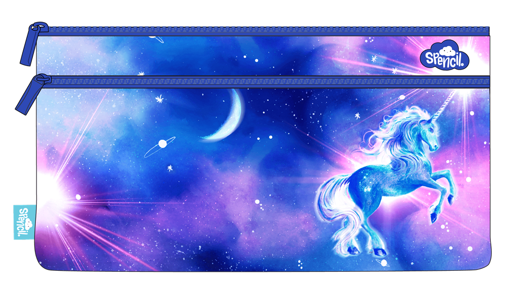 Front of the Spencil Moonlit Unicorn twin zip pencil case showing a white unicorn rearing under a crescent moon in a starry purple, blue and pink night sky, with blue zips