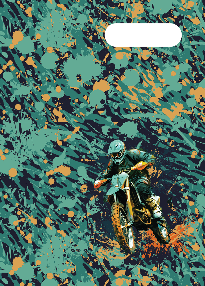 Spencil Moto Camo Trax 2 A4 Book Cover Pack of 6: front artwork, small motocross rider within a wide green and orange camo pattern, with white name and subject label cut-out