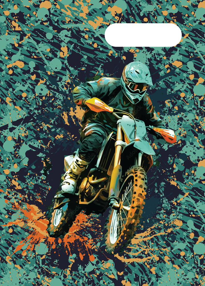Spencil Moto Camo Trax A4 Book Cover Pack of 6: front artwork, motocross rider on dirt bike over green and orange camo splatter, with white name and subject label cut-out