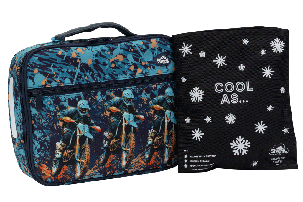 Spencil Moto Camo Trax Big Cooler Lunch Bag standing beside its Big Chill Pack in a black snowflake Cool As cover, showing the three motocross riders on dirt bikes racing over a teal, navy and orange splatter-camo background