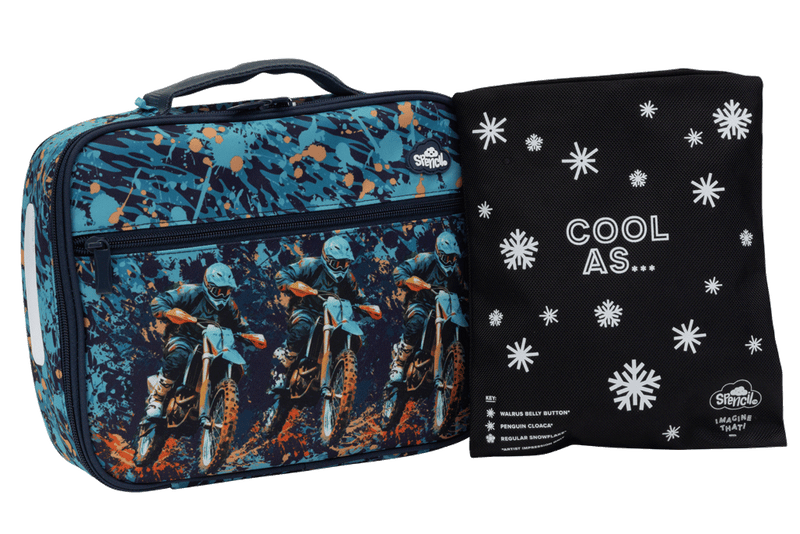 Spencil Moto Camo Trax Big Cooler Lunch Bag standing beside its Big Chill Pack in a black snowflake Cool As cover, showing the three motocross riders on dirt bikes racing over a teal, navy and orange splatter-camo background